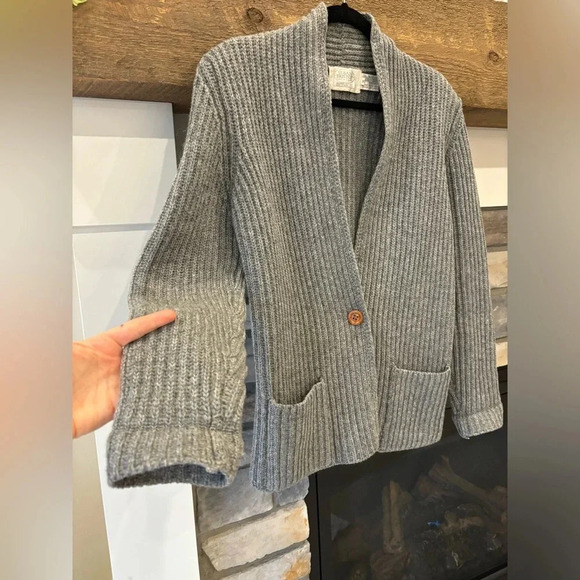 Susan Bristol Wool Cardigan Blazer women M grey Chunky Knit Grandpacore Academia - Picture 2 of 11